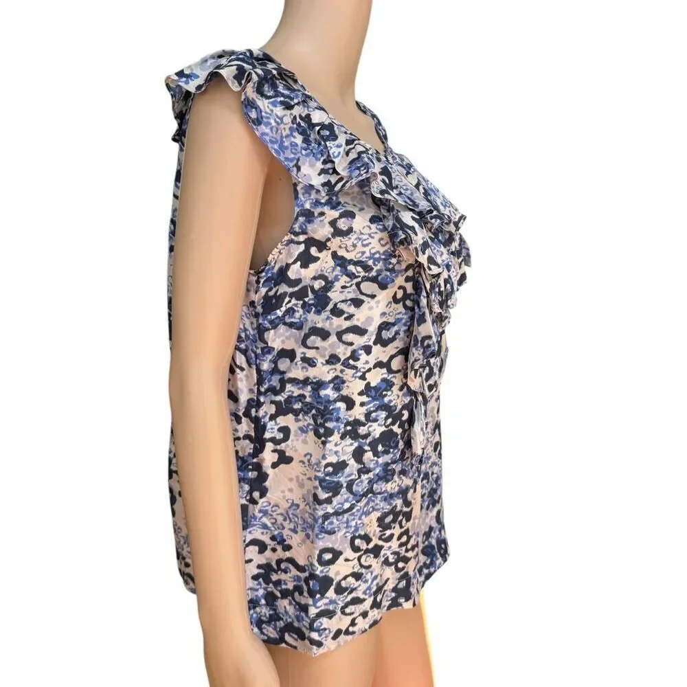 CAbi 100% Silk Cascading Ruffle Sleeveless Top Shirt Blouse blue/ivory size M